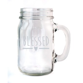 Blessed Typography Etched Glass 16 Ounce Mason Handled Jar Mug Glassware Gift