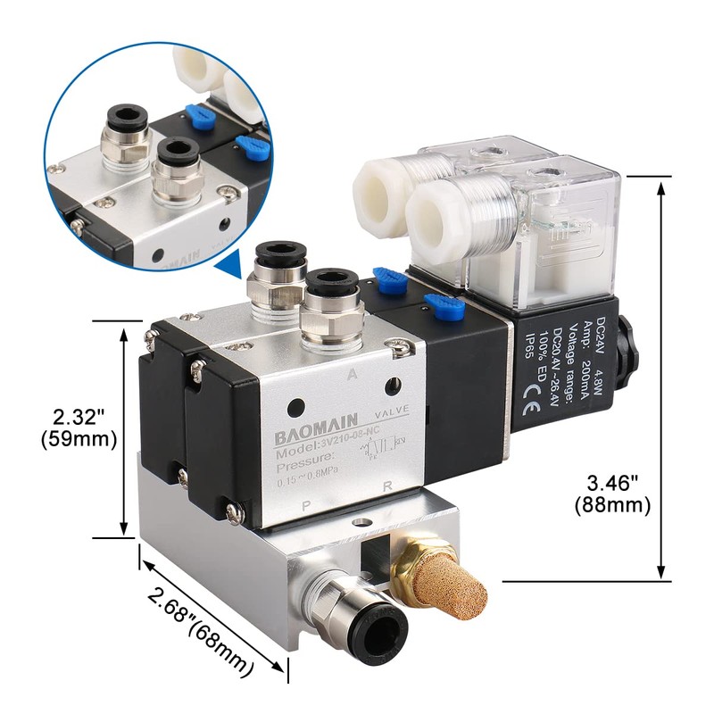 Baomain 2 Space Pneumatic Solenoid Valve 3V210-08 24VDC PT1/4 2