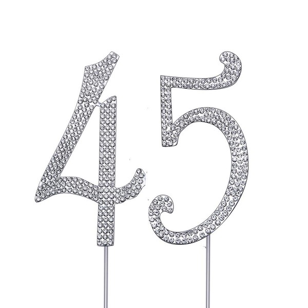 MAGJUCHE Silver 45" Crystal Cake Topper, Number 45 Rhinestones 45th Birthday Cake Topper, Men or Women Birthday or 45th Anniversary Party Decoration Supply