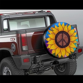 Peace Sign Sunflower Spare Tire Cover,Universal Wheel Tire Cover for Trailer, RV, SUV, Truck,Camper and Many Vehicle,Weatherproof Tire Protectors（16 inch for Diameter 29"-31"）