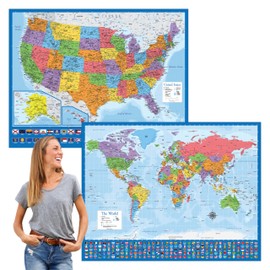 2 Pack - Giant World Map & US Map Poster Set - Extra Large Mega Chart of the World & United States - Laminated - 46" x 60" [Blue]