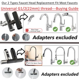 DOUBLUOEG Kitchen Faucet Head Replacement, Modern Brushed Nickel, 3.9 x 4.3 Inches, 3 Modes Pull Down, Universal G1/2 Thread, Nickel Finish, Showerhead, Faucet Head