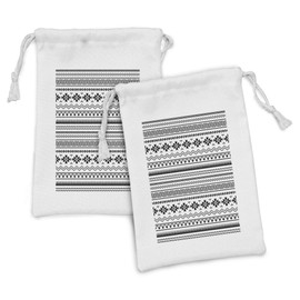 Ambesonne Tribal Fabric Pouch Set of 2, Aztec American Folkloric Art Borders Tribal South America Culture, Small Drawstring Bag for Toiletries Masks and Favors, 9" x 6", Black White