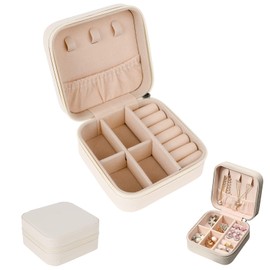 FUNTOCA Organizador Portátil de Joyería de Viaje, Caja de Almacenamiento para Joyería de PU, Mini Organizador de Joyas, Joyero de Viaje Pequeño para Anillos, Pendientes, Pulseras, Collares (Blanco)