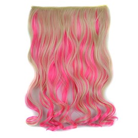 Vieuinaux 18inch Long 3/4 Full Head One Piece Curly Wave Short Clips in on Synthetic Hair Extensions Hair Pieces for Women 5 Clips Hairpieces (Blonde/Highlight Pink Mixed)