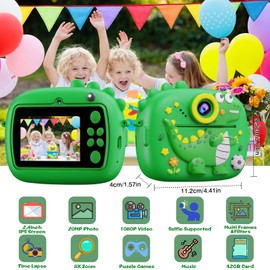 Instant Camera Children's 2.4 Inch Children's Camera Dinosaur Instant Camera with 32G Card and 4 Rolls of Printing Paper, HD Image Quality Children's Camera for Boys and Girls 3-12 Years