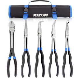 RIZOM 5-Piece 11 Inch Long Needle Nose Pliers Set, Extra Long Reach Pliers Set, 45°&90° Bent Needle Nose Pliers, Circle Nose and Diagonal Pliers for Narrow Spaces and Limited Areas