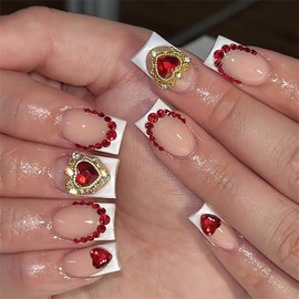 RTKHFZE Coffin Press on Nails Short Square Fake Nails White French Tip Glue on Nails False Nails with Red Heart Rhinestones Designs Acrylic Nails Glossy Artificial Nails for Women 24Pcs