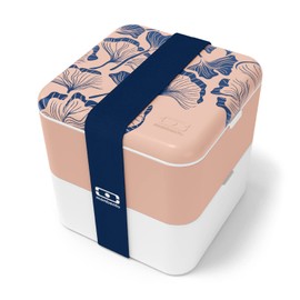monbento - Large Bento Box MB Square Ginkgo with Compartments Made in France - Leakproof Lunch Box for Work/School and Meal Prep - BPA Free - Food Grade Safe - Japanese Pattern - Pink & Blue