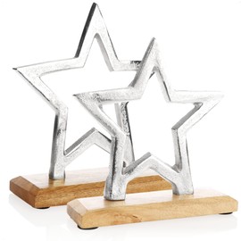 com-four® 2 x Premium Decorative Stand Star - Star Statue Made of Nickel-Plated Aluminium on Mango Wood Base - Decorative Star for Standing - Great Star Decoration (Silver - Star Mix)