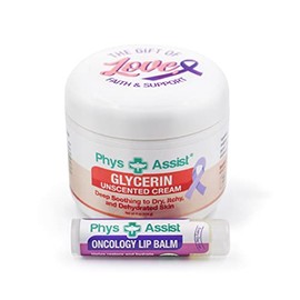 PhysAssist Oncology Crema sin perfume de glicerina de 4 onzas + bálsamo labial de menta | Set de hidratación profunda para piel seca y sensible, hidra
