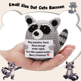 Stocking Stuffers – Mini Crochet Raccoon Plush with Story Sign, Handmade 4-inch, Cute, Kawaii Desk Nightstand Locker Decor, Secret Santa, Woodland Cozy