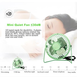 Sokelinn-six 4 Inch Small Usb Desk Fan, Metal Mini Quiet Personal Cooling Fan for Home Office Car Travel (Green)