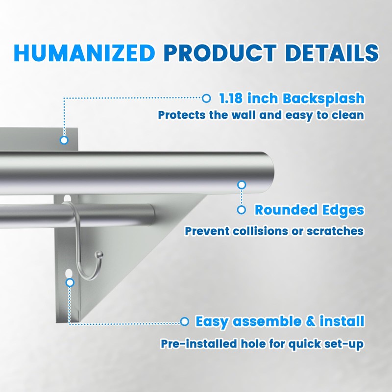 Treshin Stainless Steel Shelf with 4 Hooks 12 x 36