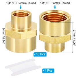 PATIKIL Brass Pipe Fittings Coupler Set, 10Pcs 1/4" x 1/2" NPT Female Thread Brass Hex Nipple Coupling Reducer Adapter Tubing Connector Adaptor with PTFE Tape for Water, Air, Oil, Gas Line