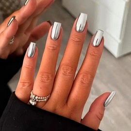White Sliver Chrome Square Press on Nails Short Medium,KQueenest Mirror Metal Plating False Acrylic Nails Press Ons,Metallic Fake Nails,Natural Glue on Nails Medium,Glossy Stick on Nails for Women