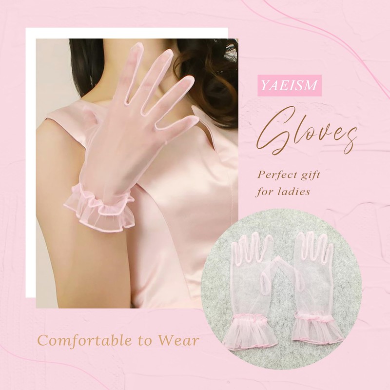 YAEISM Short Pink Gloves Sheer Silk Tulle Wedding Gloves Elegant
