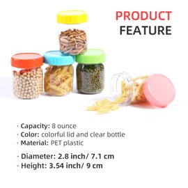 OMNISAFE 8 Ounce Clear Plastic Mason Jars With Screw On Lid, Reusable Empty Jars for Food Storage, Round BPA Free Containers for Sealing, Dry Food, Candies, Breakage-proof, Color Lid (48 Pack 8 Ounce)