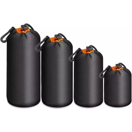 Yangers 4-Pack Camera Lens Pouch Set – Thick 4mm Neoprene with Soft Velvet Lining – Water-Resistant Drawstring Bags with Carabiner & Belt Loop – S/M/L/XL for DSLR & Mirrorless Lenses