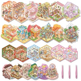 24 Sets DIY 3D Sticker Scene Sticker Therapy for Adult Cute Cartoon Stickers Scene Make Your Own Scenes Miniature Room for Relief Stress