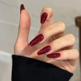IMRAIN Red Press on Nails Long Coffin Fake Nails Cat's Eye Glossy Glue on Nails Full Cover Acrylic Gel Stick on Nails Wine Red Ballerina Nail Supplies Burgundy Artificial False Nails
