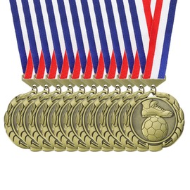 PATIKIL Football Events Wheat Gold Award Medals with Red & White & Blue Ribbons, 10 Pcs Winner Medals Gold Silver Bronze Prizes for Competitions Sports Party, Gold