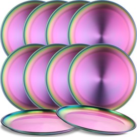 Domensi 10 Pieces Stainless Steel Rainbow Plates 10.2 Inches Reusable Metal Plates Round Dinner Dishes Colorful Unbreakable Metal Platter for Camping Party Picnic BBQ Dessert Salad
