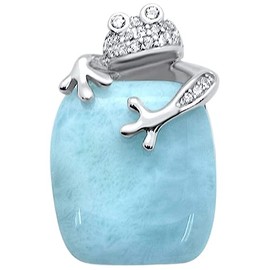 OMEGA DIAMOND CO 14530 Natural Larimar & Cubic Zirconia Frog .925 Sterling Silver Pendant
