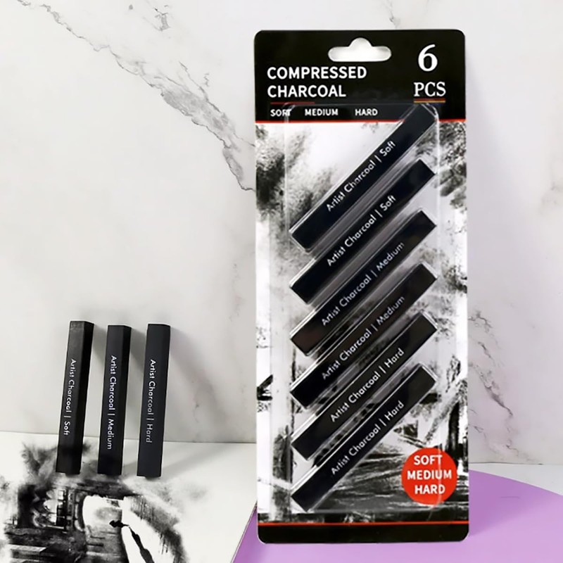 XQIGI Compressed Charcoal Sticks 6 PCS, Kneaded Rubber Erasers Large