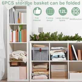 6Pcs Storage Cubes Felt Fabric Cube Storage Bins 9 x 9 x 10inch Collapsible Storage Bins with Hanging Ring 12L Foldable Cube Baskets Nursery Cubby Storage Baskets Box for Clothes Books Shoes
