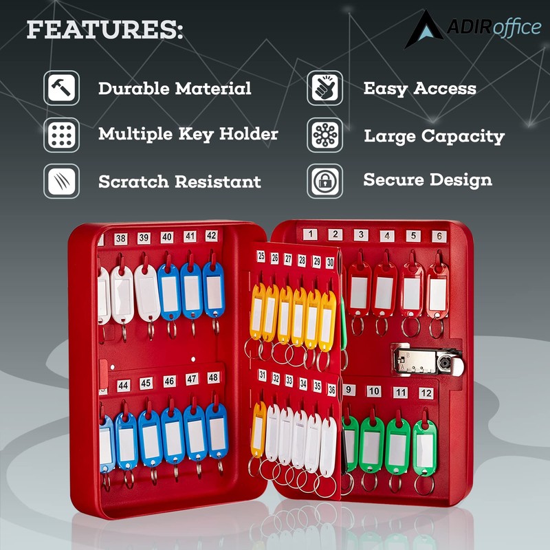 AdirOffice Key Lock Box – 48 Key Hooks Wall Mounted