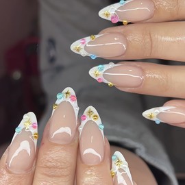 24Pcs French Tip Press on Nails Almond False Nails with Colorful Crystal Rhinestones Design Gold Stars Pattern Nude Pink Stick on Nails Acrylic False Nail Reusable for Women Summer Manicure