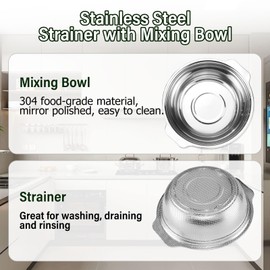 Extra Large 6QT Stainless Steel Colander, Large Capacity Rice Colander with Mixing Bowl, Rice Strainer for Vegetables, Fruit, Spaghetti, Pasta Strainer, Dishwasher Safe(2PC)