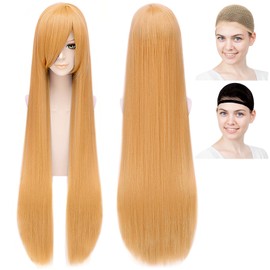 CaseEden 6174 Premium Cosplay Wig, Smooth, Long, Long Hair, 39.4 inches (100 cm), Gold, Dark Blonde
