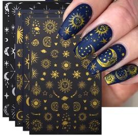 IDDFEVE 8 Sheets Gold Sun Nail Art Stickers - Sliver Moon Star Self-Adhesive 3D Nail Decals for DIY Golden Slivery Manicure