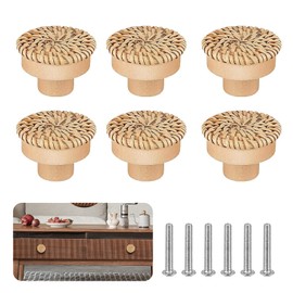 FAINCA Pack of 6 Rattan Furniture Knobs, Cabinet Handles, Drawer Knobs, Boho Decoration, Natural Wood Cabinet Knobs, Durable Chest of Drawers with Screws, for Kitchen Cabinets, Drawers (40 x 30 mm)