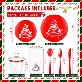 Funnymoom 210 Pcs Christmas Plastic Dinnerware Sets Christmas Disposable Plates Cups Napkins Forks Knives Spoons Merry Christmas Party Supplies for 30 Guests Xmas Party New Year Holiday (Red)