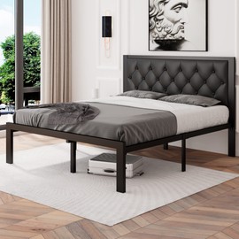 Feonase Queen Size Metal Bed Frame with Faux Leather Button Tufted Headboard, Heavy-Duty Platform Bed Frame with 12" Storage, Steel Slats Support, No Box Spring Needed, Noise Free, Black