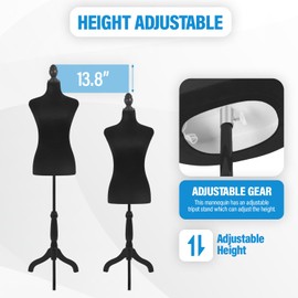 FDW Female Mannequin Body Dress Form Sewing Mannequin Torso Manikin with Tripod Base Stand Adjustable Mannequin for Sewing Clothes Display(Black,53-67 Inches)