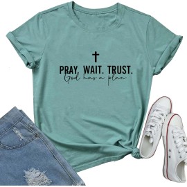 Women Pray Wait Trust Soft Sleeveless Crew Neck Cute Graphic T-ShirtsColor: Light green, Size: 2 XL