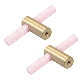 TUMBEELLUWA Pack of 2 Rose Quartz Crystal Stick Cabinet Knobs with Screws, Brushed Brass Hardware T Bar Furniture Pulls Handles for Dresser Drawer Cupboard Wardrobe