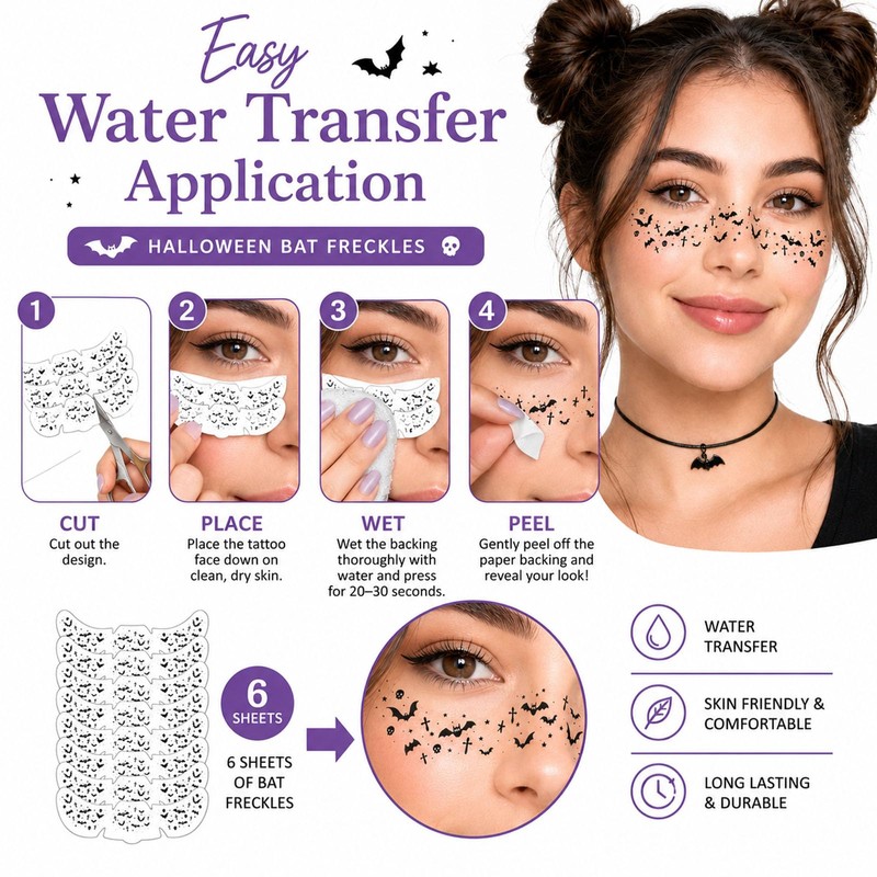 Halloween Bat Freckle Face Temporary Tattoos Stickers for Cosplay Makeup