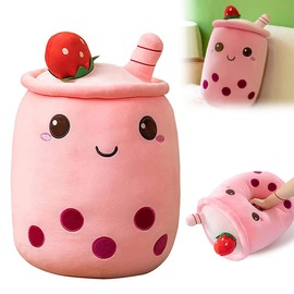 Bukezudang Bubble Tea Cuddly Toy Plush Cushion, Bubble Tea Cuddly Toy 24 cm, Kawaii Bubble Tea Plush Toy Cushion Cute Boba Plush Soft Stuffed Toy for Boba Lovers (Pink)