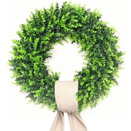 Davimono 24-26'' Large Boxwood Wreath for Front Door, Porch, Window - Foldable Greenery Boxwood Wreaths for Farmhouse Wedding Indoor Outdoor Decor - Spring, Summer, Fall, All Seasons (with Sash)