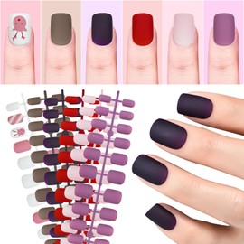 LINSSQ 6 Packs Short Square Press on nails, Colorful Rubber Matte False Nails, Salon Red Purple Nail Art Brown Pink Fake Nails, Reusable Daily Pre-design Fingernails Gifts with Adhesive Tabs