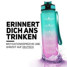 Water Bottle with Time Marking, German Drinking Reminder, Bottle with Time Marking, 1 Litre Drinking Bottle Motivation, Drinking Reminder Aid and Water Bottle with Time Markings in German, BPA-Free