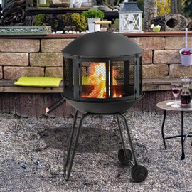 ORALNER Portable Fire Pit on Wheels, 27” Outdoor Wood Burning Firepit Cage w/Spark Screen Cover, Log Grate, Fire Poker, Steel Patio Firepit w/BBQ Grill for Outside Camping, Picnic, Backyard Bonfire