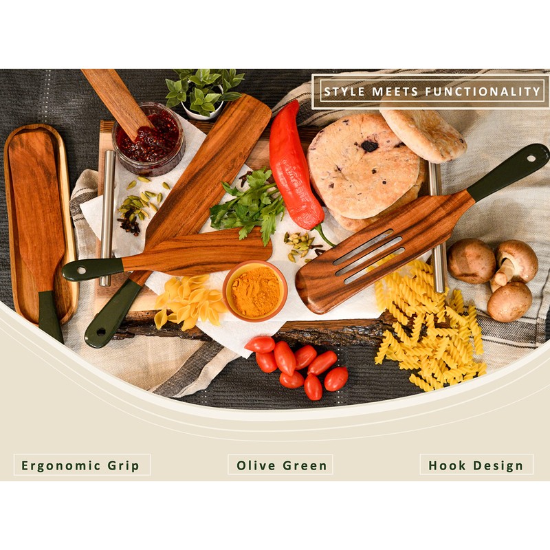 6Pcs Spurtle with Spoon Rest, Wooden Spatula Olive Green, Wooden