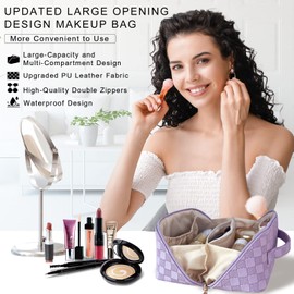 TOPALL Cosmetic Bag Travel Women's Beauty Case PU Leather Large Make Up Bag Portable Makeup Bag Toiletry Bag Organiser with Capacity for Travel Accessories Travel Essentials Women, Checkered Purple