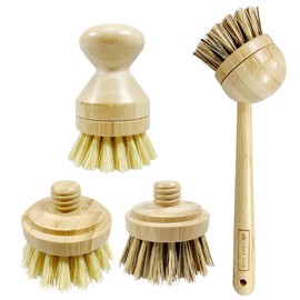 JuneLily Sisal & Coconut Dish Brush Heads Plant-Based Replacement for Washing Dishes Kitchen Bathroom (Dish Brush & Head Bundle)